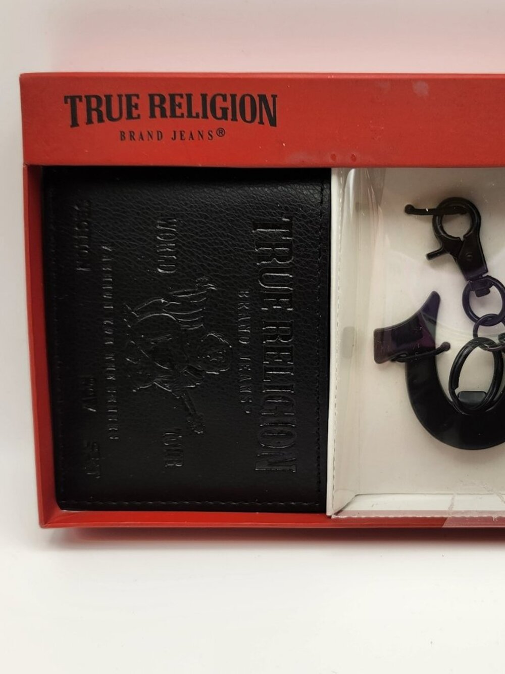 True Religion wallet bifold black with horseshoe keychain bottle opener NWT